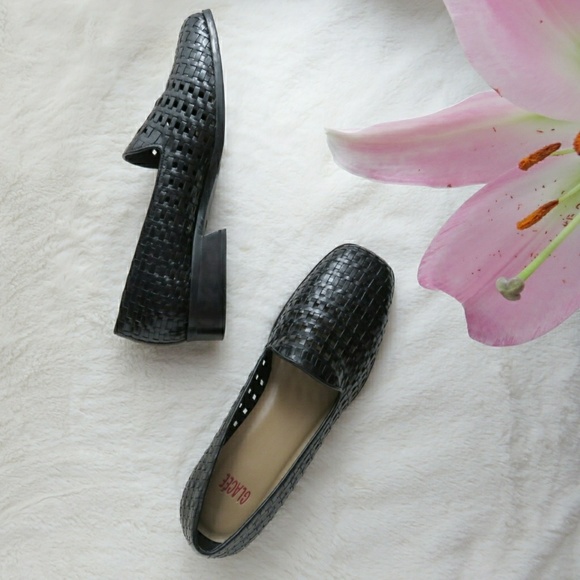 Vintage Shoes - Vintage Black Woven Leather Loafers Flats 7.5